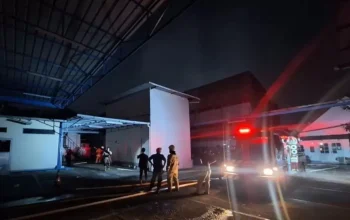 Petugas Damkar sedang memadamkan api di lokasi kebakaran gudang obat Kebayoran Lama