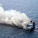KMP Mutiara Sentosa 2 yang terbakar di perairan utara Sumenep saat proses evakuasi penumpang