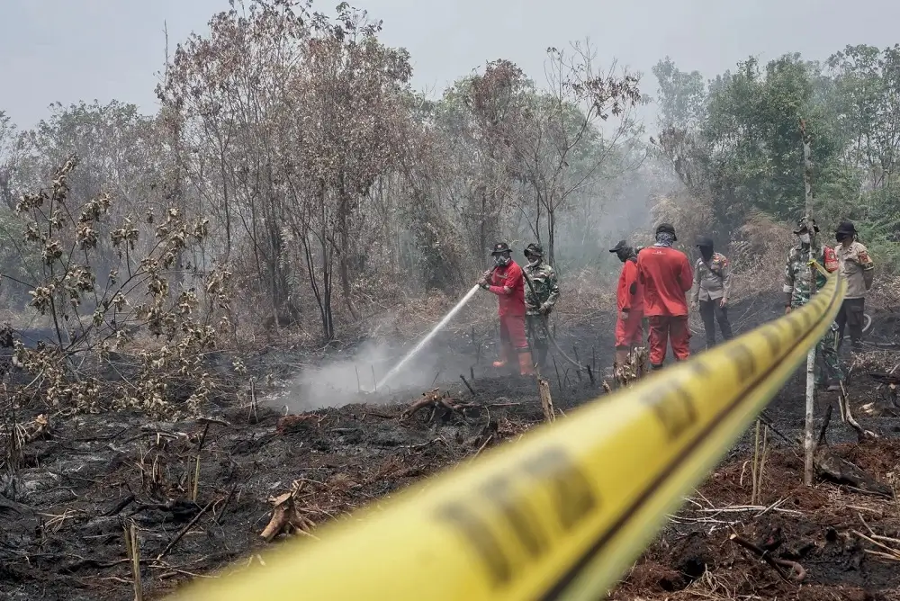 TNI AU menggunakan metode water boombing untuk memadamkan api akibat kebakaran hutan dan lahan (karhutla)