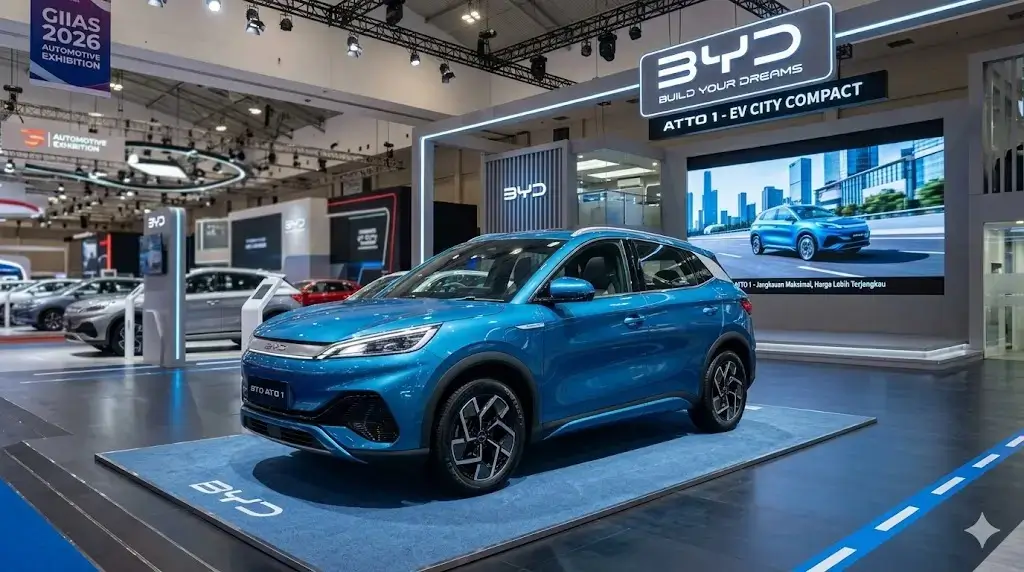 Tampilan depan BYD Atto 1 Standard mobil listrik kompak berdesain modern