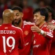 Selebrasi pemain Manchester United usai mencetak gol ke gawang Sabah Baku dalam kemenangan 4–0