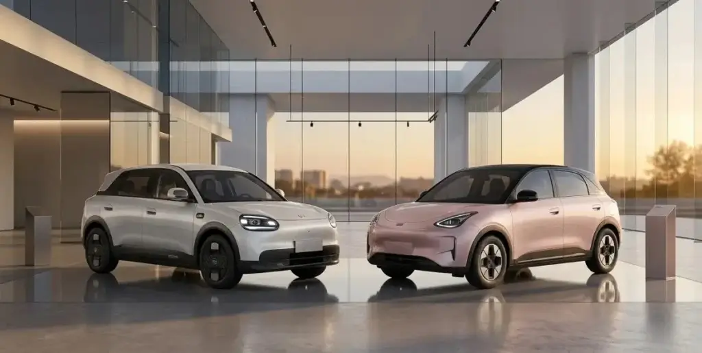Perbandingan tampilan depan Geely EX2 dan Chery Q berdampingan