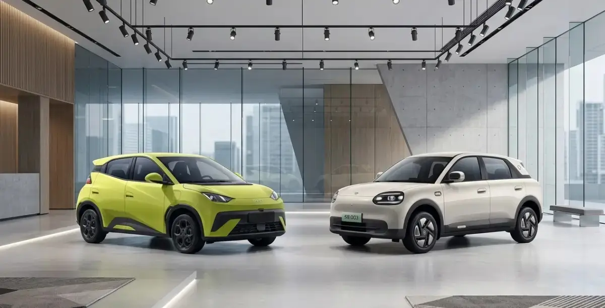 Tampilan depan BYD Atto 1 dan Chery Q berdampingan untuk perbandingan